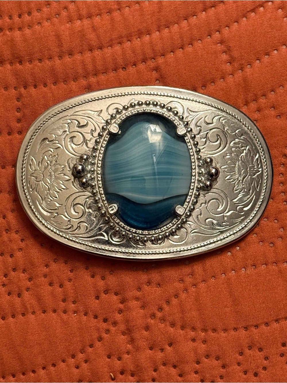 Engraved Silver with Blue Marble Agate Stone. Western Belt Buckle